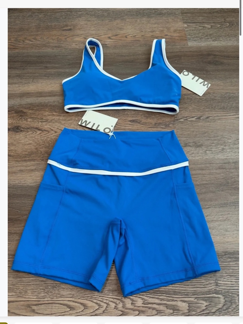 Willow Blue Sports Bra and High-Waist Bike Shorts with White Trim